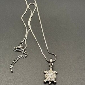 Silver Tone Rhinestone Crystal Turtle Pendant Necklace with Snake Chain
